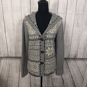 J.Jill Woman's Medium Gray Hand Embroidered Hooded Nordic Cardigan w/ Buttons
